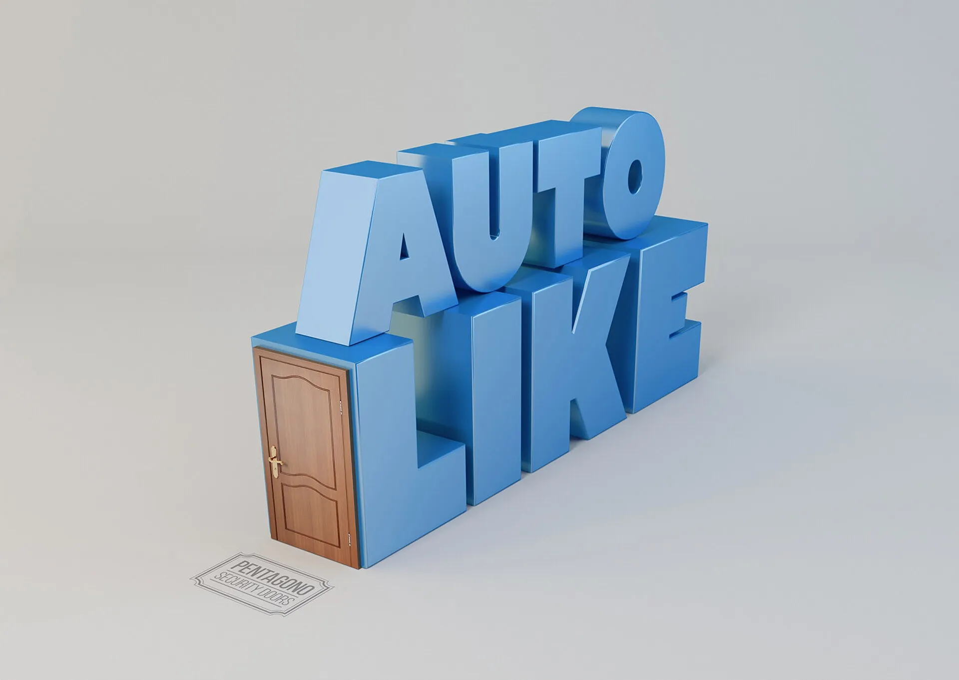 Escultura tipográfica azul que dice «Auto like» con una puerta de madera en la base