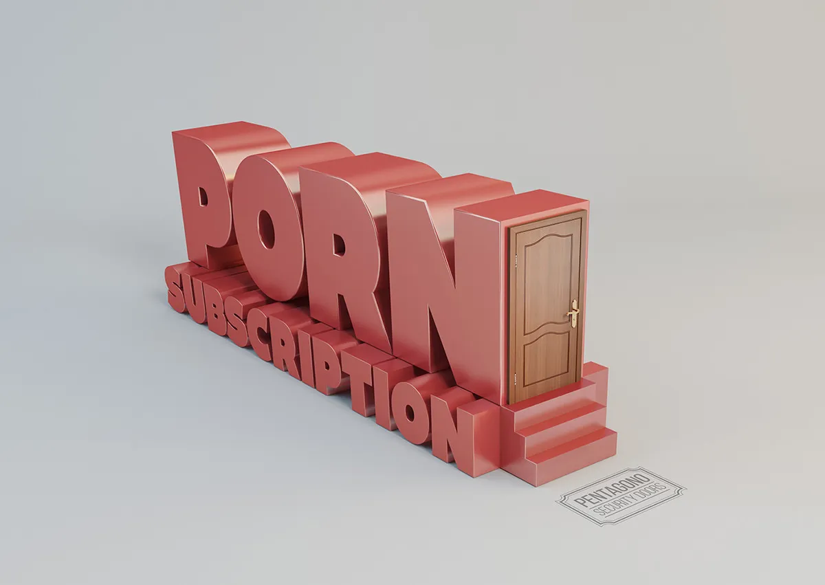 Escultura tipográfica roja que dice «Porn subscription» con una puerta de madera y escalones