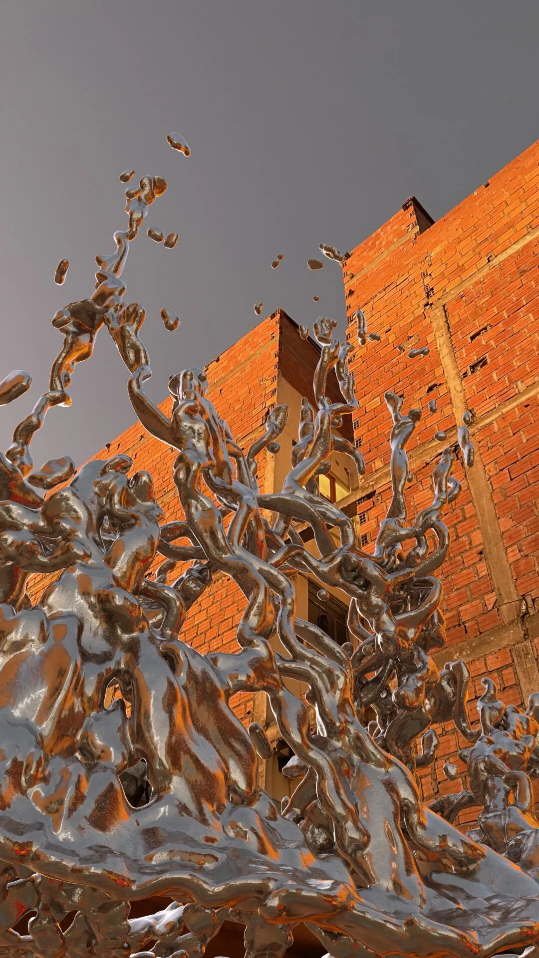 Escultura cromada 3D con forma de salpicadura líquida contra una pared de ladrillo