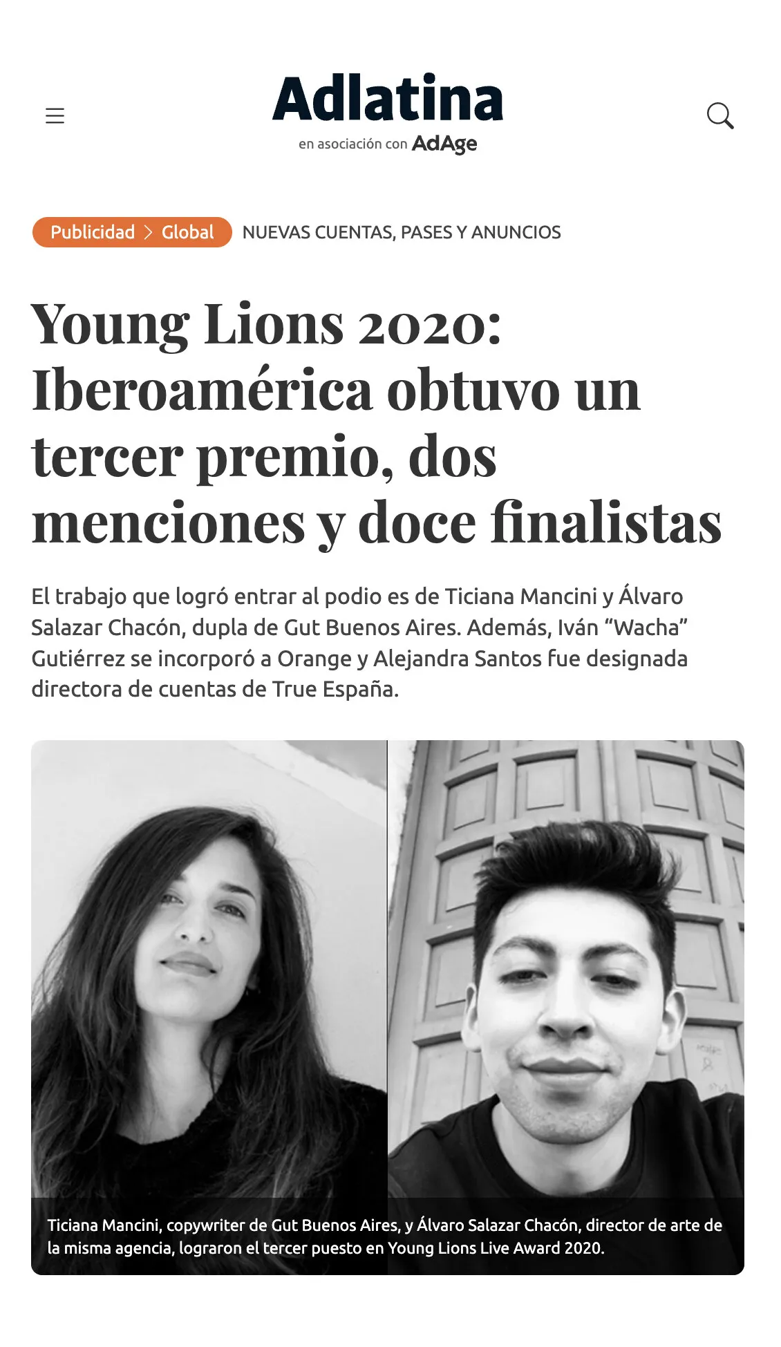 Nota de Adlatina: Ticiana Mancini y Álvaro Salazar Chacón, de Gut Buenos Aires, tercer puesto en Young Lions Live Award 2020