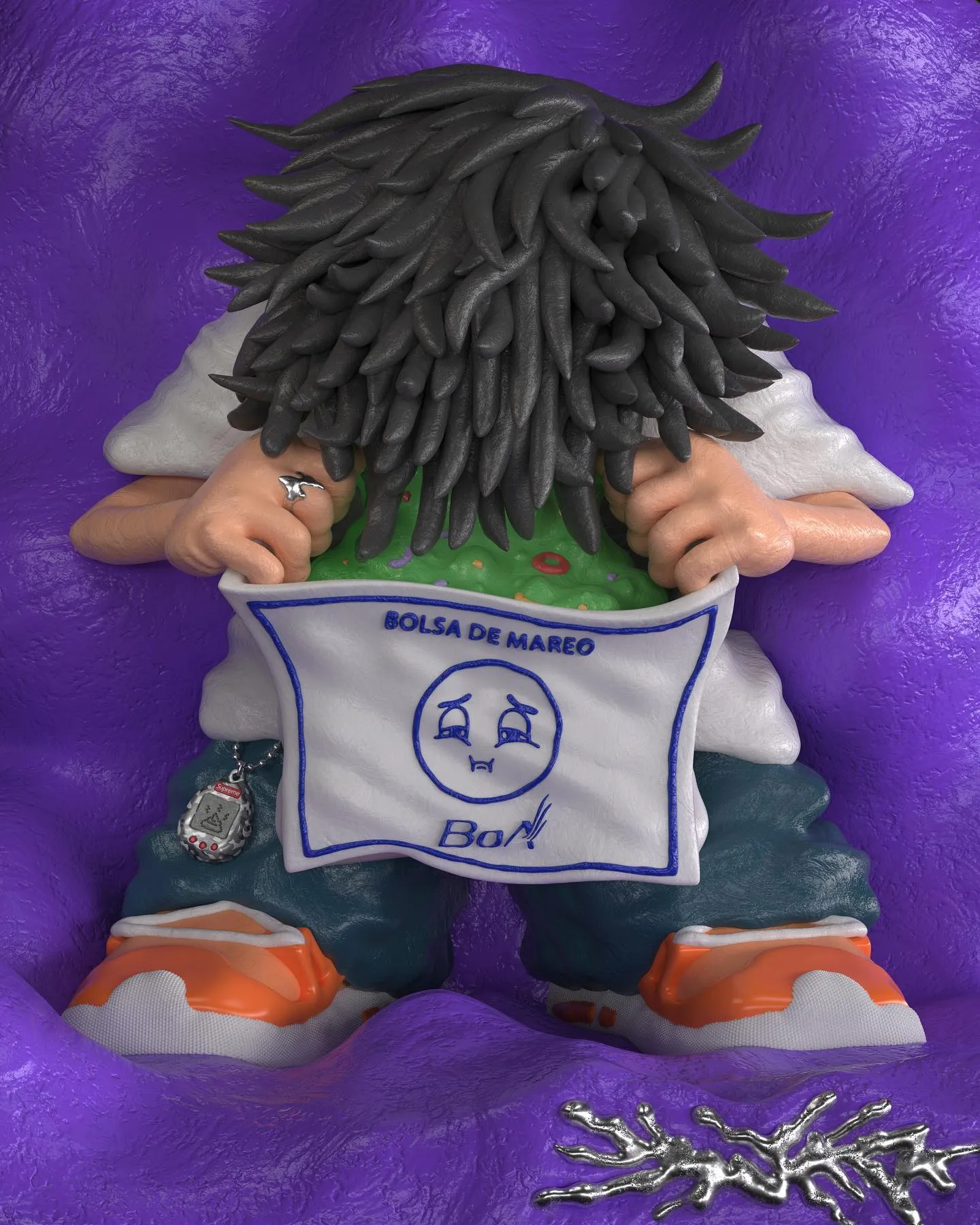 Escultura 3D de plastilina: un chico de pelo largo se tapa la cara con una bolsa de mareo sobre un fondo violeta